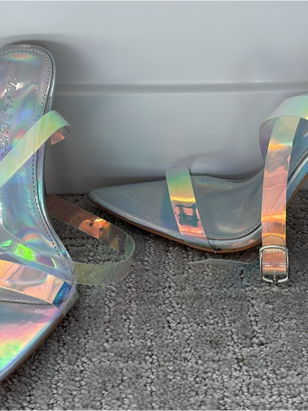 Public Desire Holographic Iridescent Pointed-Toe Strap Heels